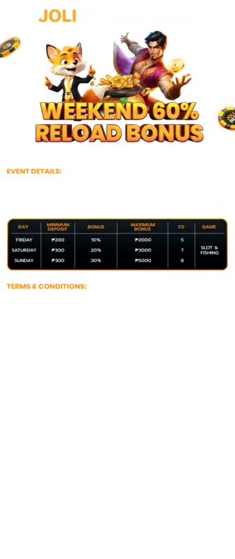 JOLIBET Weekend 60% Reload Bonus Philippines 2026 T & Cs